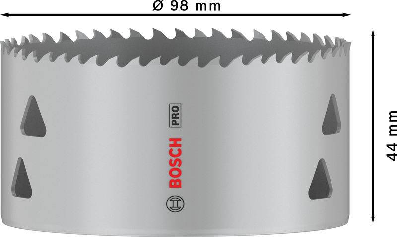 Dierová píla Bosch, priemer 98 mm, výška 44 mm, s ostrými zubami na opracovanie kovu.