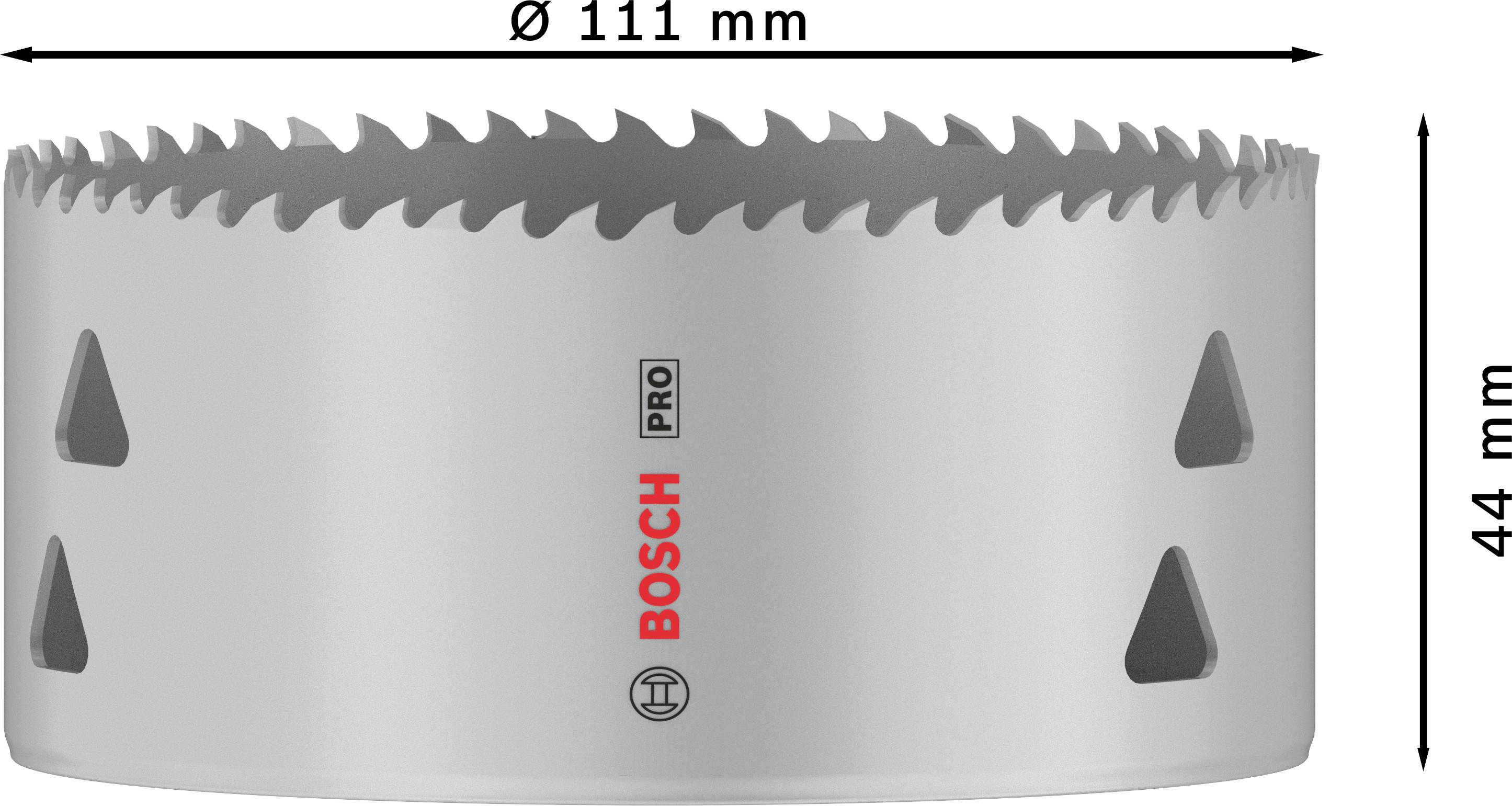 Sivá dierová píla s ostrými zubami, priemer 111 mm, výška 44 mm, viditeľná značka 'Bosch Pro'.