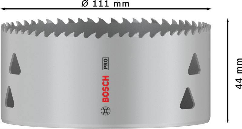 Sivá dierová píla s ostrými zubami. Nápis: 'Bosch Pro'. Priemer: 111 mm, výška: 44 mm.