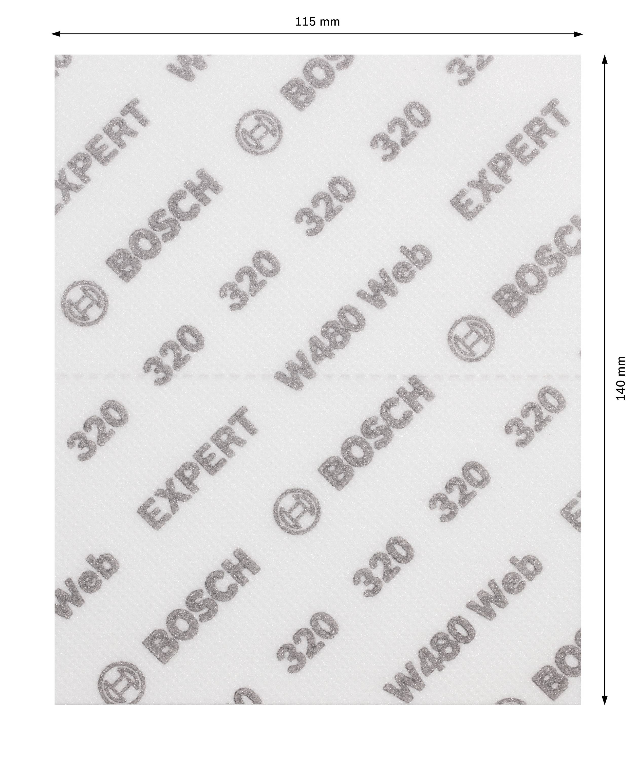 Na obrázku je brúsny papier značky BOSCH s nápisom 'EXPERT', '320' a 'W480 Web'. Rozmery: 115 x 140 mm.