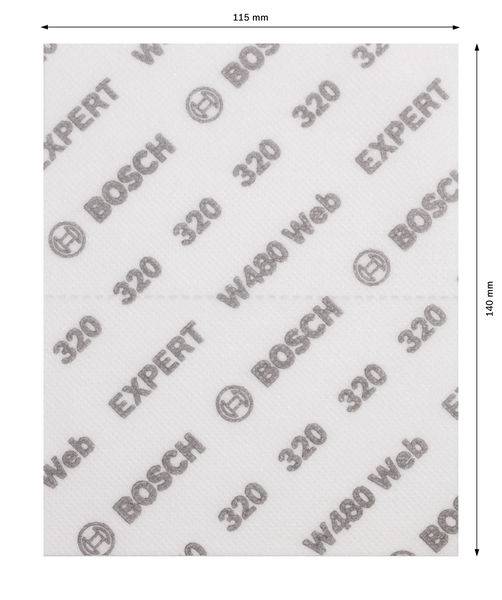 Brúsny papier s nápisom: BOSCH EXPERT W480 Web 320. Rozmery: 115 mm x 140 mm. Vhodný pre presné brúsenie.