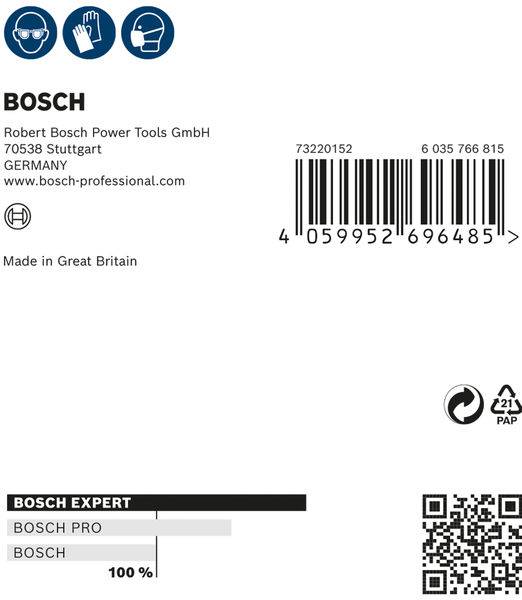 Etiketa produktu Bosch s čiarovým kódom, QR kódom a textom: 'Robert Bosch Power Tools GmbH, 70538 Stuttgart, Nemecko'.