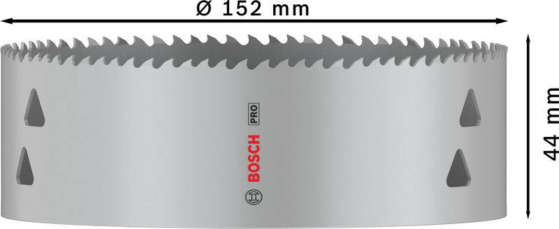 Dierová píla Bosch, priemer 152 mm, výška 44 mm, sivej farby, vhodná na presné rezanie rôznych materiálov.