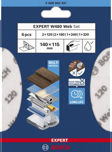 Balenie brúsneho papiera: 'EXPERT W480 Web Set' od Bosch, obsahuje 6 kusov, veľkosti: 2 x 120, 2 x 180, 1 x 240, 1 x 320, 140 x 115 mm.