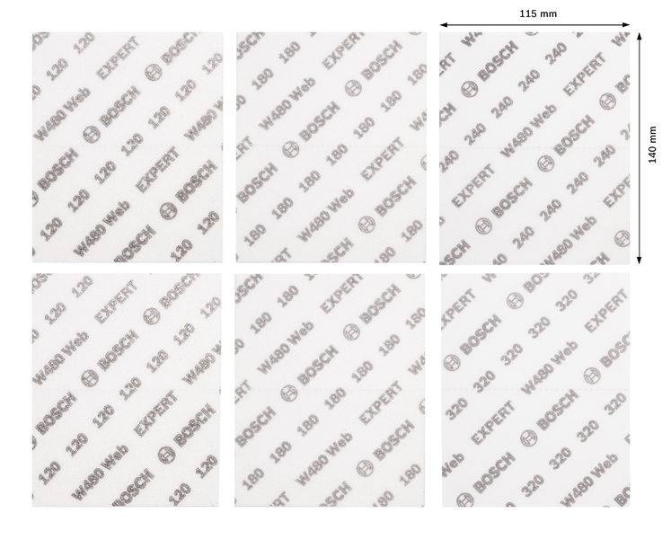 Šesť brúsnych listov od Boscha s rôznymi zrnitosťami (120, 180, 240, 320), rozmery 140 mm x 115 mm.
