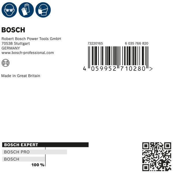 Etiketa pre výrobok Bosch s čiarovým kódom, adresa výrobcu: Robert Bosch Power Tools GmbH, Stuttgart, Nemecko. Vyrobené vo Veľkej Británii.