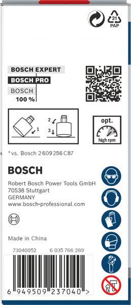 Zadná strana obalu: Logo Bosch, QR kód, technické detaily vrtáku. Kontaktné informácie: Bosch Power Tools Stuttgart, Nemecko. Symboly použitia.