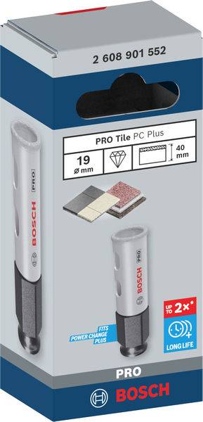 Vŕtacia korunka Bosch 'PRO Tile PC Plus', vhodná pre obkladačky, kameninu. Priemer: 19 mm, dĺžka: 40 mm. Obal zobrazuje produkt a logo značky.