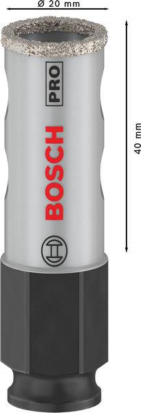 Vŕtacia koruna 'Bosch Pro' s diamantovým povrchom, priemer 20 mm, výška 40 mm.