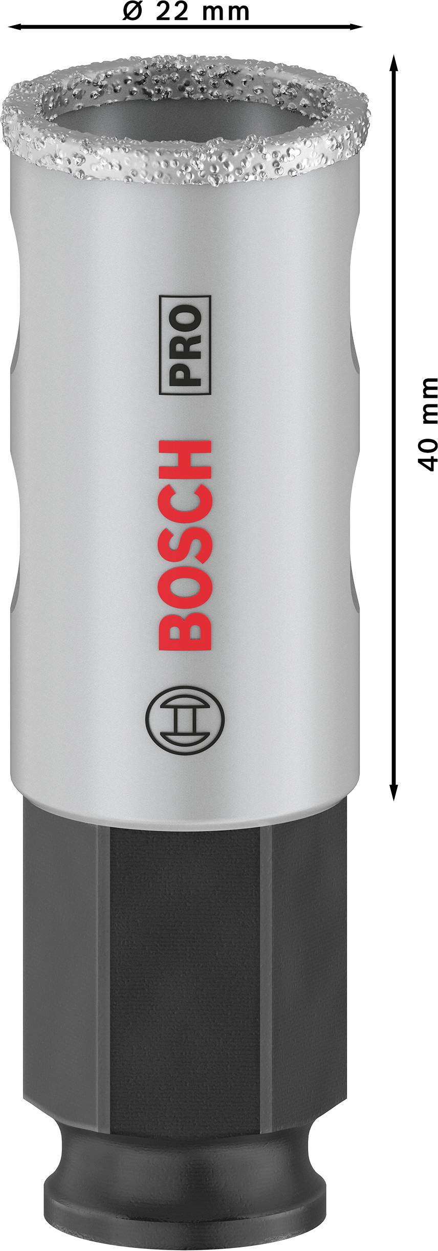 Sivý, valcovitý vŕtací nástroj s priemerom 22 mm a výškou 40 mm, označený ako 'Bosch Pro'. Horná hrana je povrstvená diamantom.