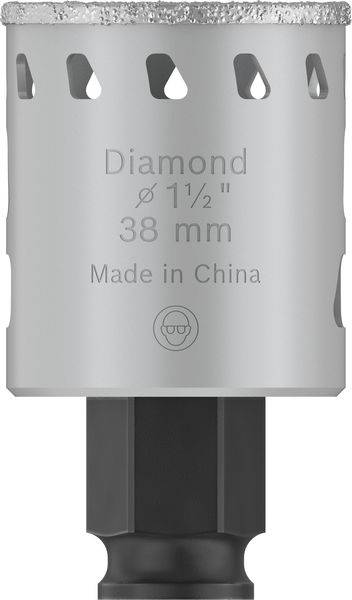 Sivý diamantový vrták s nápisom 'Diamond ø 1½" 38 mm Made in China'. Určený na vŕtanie tvrdých materiálov.