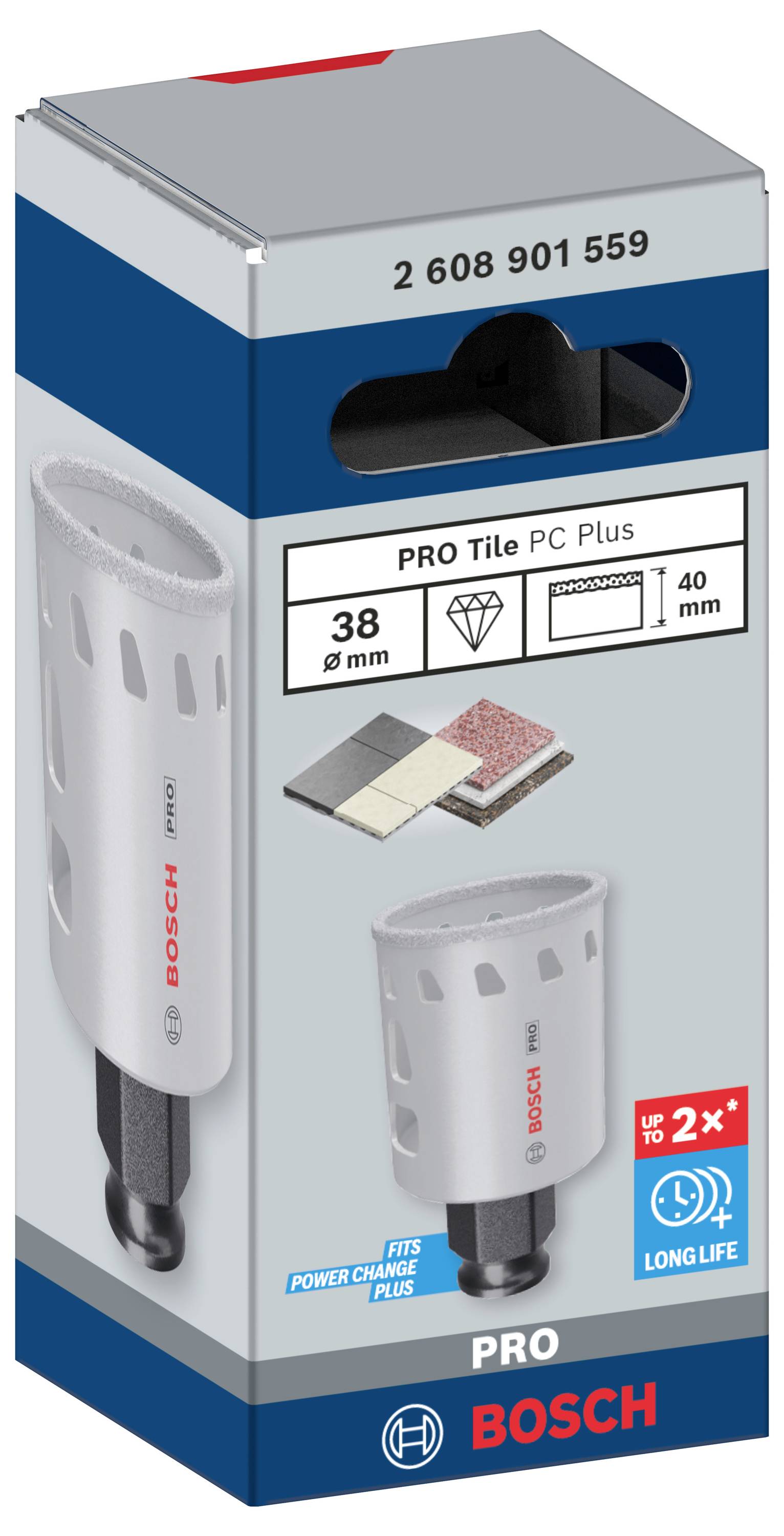 Diamantová vŕtacia korunka Bosch PRO na obkladačky s priemerom 38 mm, vhodná pre obkladačky až do hrúbky 40 mm. Na obale je symbol diamantu.