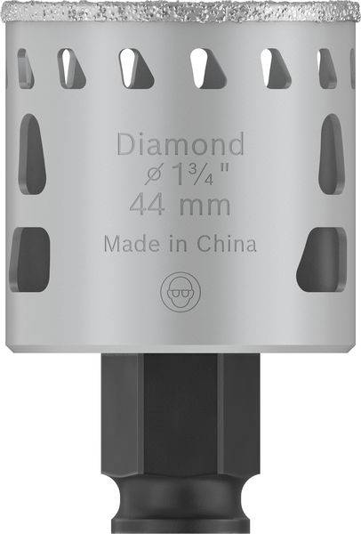 Strieborná diamantová vŕtacia koruna s nápisom 'Diamant Ø 1 3/4'' 44 mm Vyrobené v Číne'.