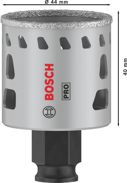 Dierová píla 'Bosch Pro' s priemerom 44 mm a dĺžkou 40 mm, vhodná na presné vŕtanie. Obsahuje vzduchové vstupy a diamantový povlak.