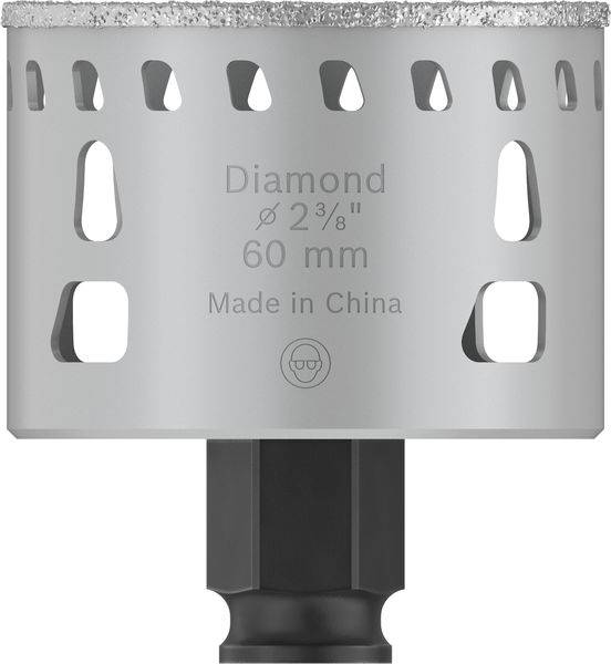 Vrtacia koruna z kovu s diamantovým rezným povrchom, priemer 60 mm, nápis 'Diamond Ø 2 3/8" 60 mm Made in China'.