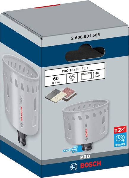 Vŕtacia korunka Bosch v obale, vhodná na obkladačky. Priemer 60 mm, ponúka dlhú životnosť a dvojnásobnú výkonnosť.