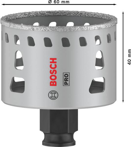 Korunový vrták značky Bosch, priemer 60 mm, výška 40 mm, s diamantom spevneným okrajom pre vŕtanie betónu a kameňa.