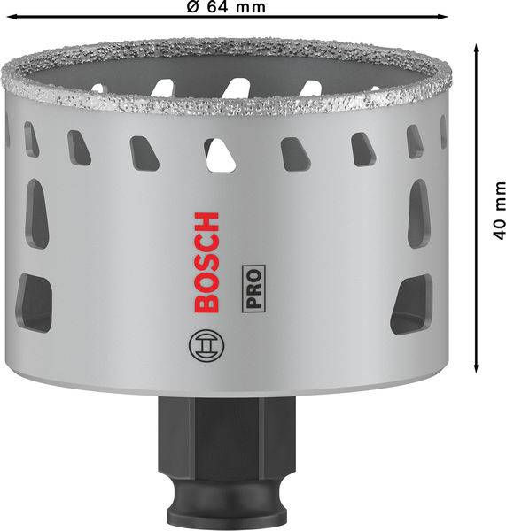 Sivý výstupok s nápisom 'BOSCH PRO', valcovitý tvar, priemer 64 mm, výška 40 mm, s otvormi a drsným okrajom.