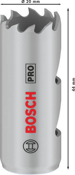 Na obrázku je strieborný dierovací nástavec Bosch Pro s priemerom 20 mm a dĺžkou 44 mm.