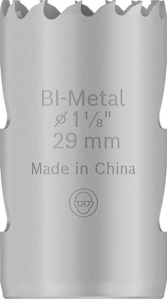 Sivý bimetalový nástavec na dierovú pílu, priemer 29 mm, nápis 'Made in China'.