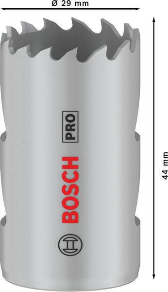 Kovová dierovacia píla, priemer 29 mm, dĺžka 44 mm, strieborná, značka Bosch, vhodná pre rôzne materiály.
