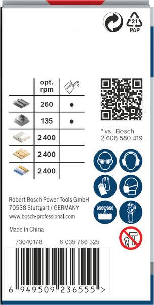 Zadná strana obalu zobrazuje tabuľku s otáčkami pre rôzne materiály a nástroje, logo Bosch, QR kód, bezpečnostné pokyny a výrobné údaje.