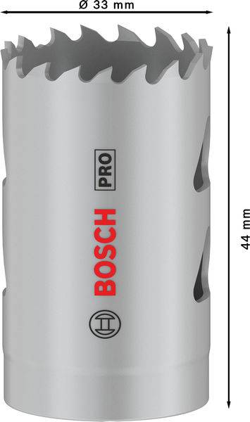 Obrázok sivej dierovej píly s priemerom 33 mm a výškou 44 mm. Na povrchu je vytlačená značka 'Bosch Pro'.