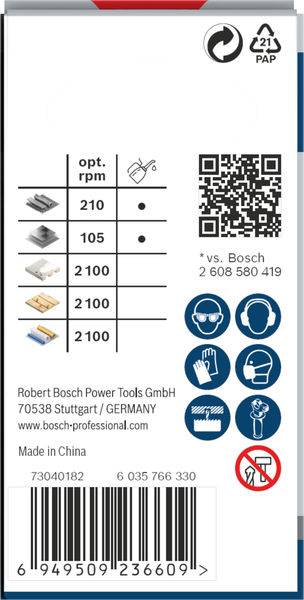 Balenie s tabuľkami odporúčaných otáčok, QR kódom, symbolmi bezpečnostných opatrení a kontaktnými informáciami spoločnosti Bosch.