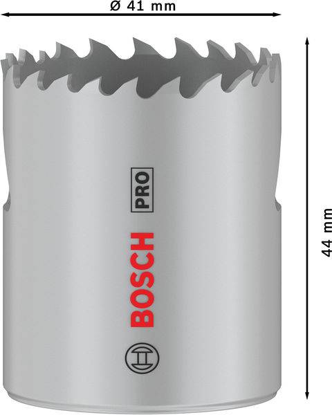 Vŕtacia korunka 'BOSCH PRO' s priemerom 41 mm a výškou 44 mm, striebornej farby, so zúbkovaným rezným okrajom. Firemné logo v červenej farbe.