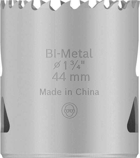Vrták z bikovového materiálu, priemer 44 mm. Nápis: 'Bi-Metal Ø 1¾" 44 mm, Made in China'.