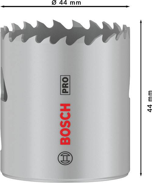 Pílka 'Sägel Lochsäge Pro' s červeným logom Bosch. Okrúhla, sivá, priemer aj výška 44 mm.