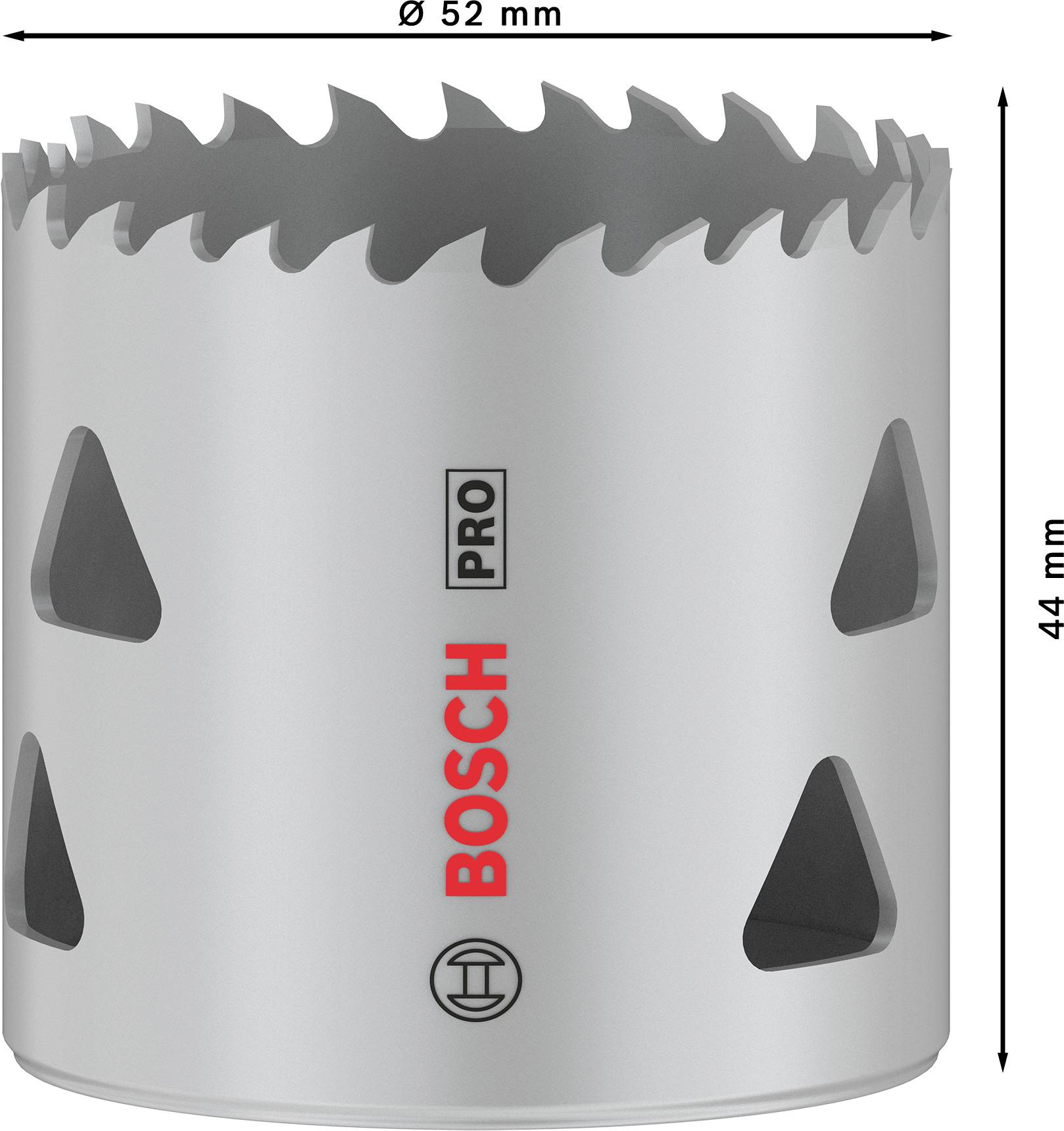 Vŕtacia koruna Bosch Pro, priemer 52 mm, výška 44 mm, strieborná s červenými a čiernymi značkami, zubatýrez.