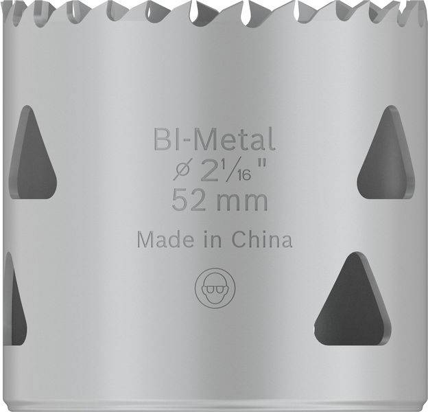 Bi-Kovová dierovacia píla s priemerom 52 mm. Nápis 'Bi-Metal Ø 2 1/16" 52 mm Made in China'.