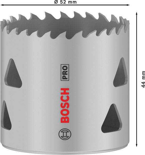 Na obrázku je sivý nadstavec Bosch Pro na vŕtanie dier s priemerom 52 mm a výškou 44 mm.
