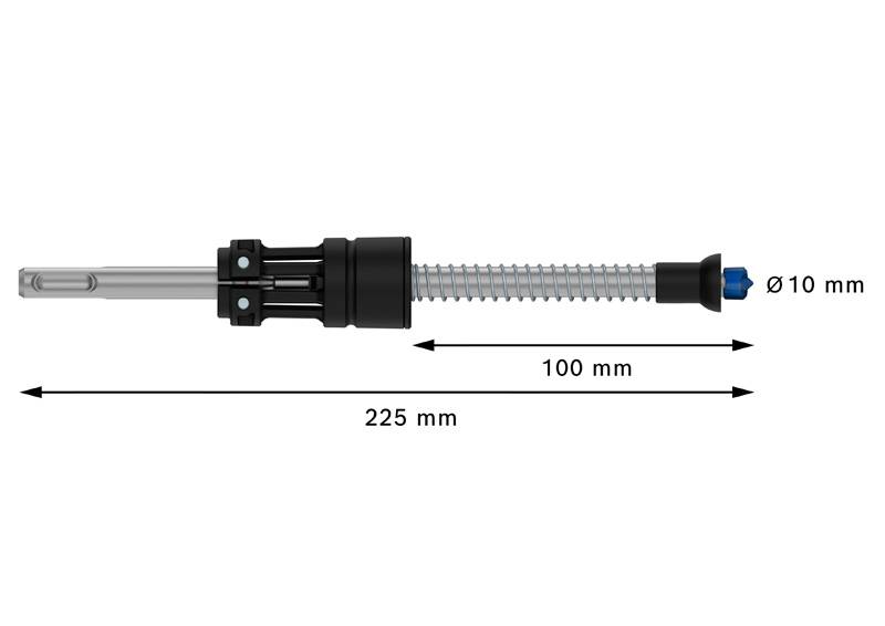 Plynová pružina s celkovou dĺžkou 225 mm a priemerom 10 mm. Zdvih je 100 mm.