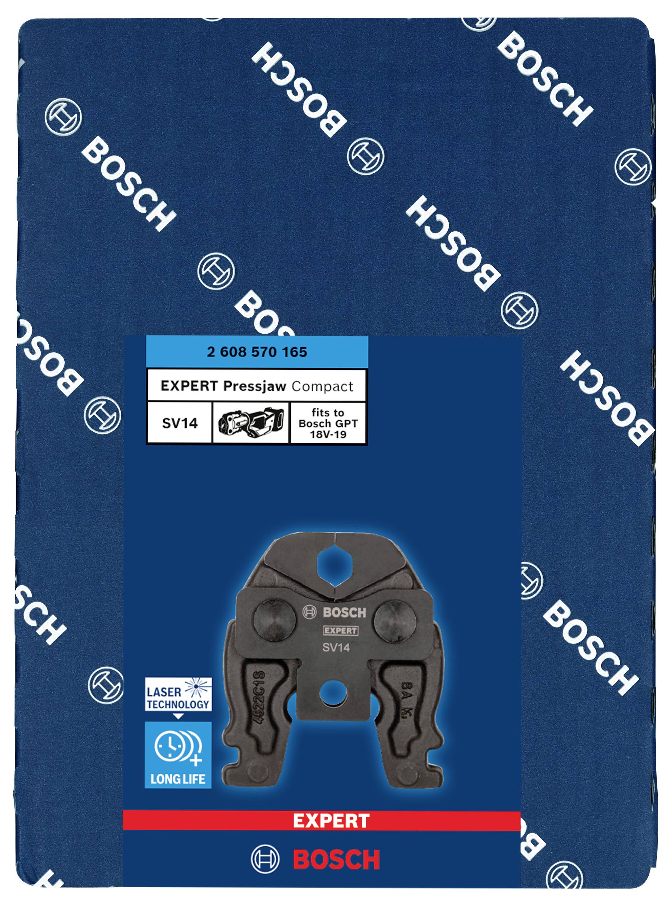Na modrom pozadí balenia s logom Bosch a informáciou o laserovej technológii je uvedené 'Bosch Expert Pressjaw Compact SV14'.