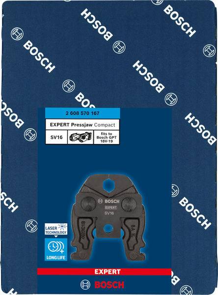 Tlačný nástavec Bosch SV16, vhodný pre bity s priemerom 16-19 mm, s laserovou technológiou pre dlhú životnosť, na modrom pozadí s logom Bosch.
