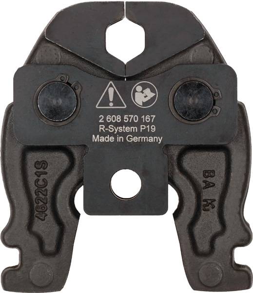 Kliešte s nápisom '2 608 570 167, R-System P19, Made in Germany'; sú viditeľné dve skrutky. Prevažne vyrobené z kovu.