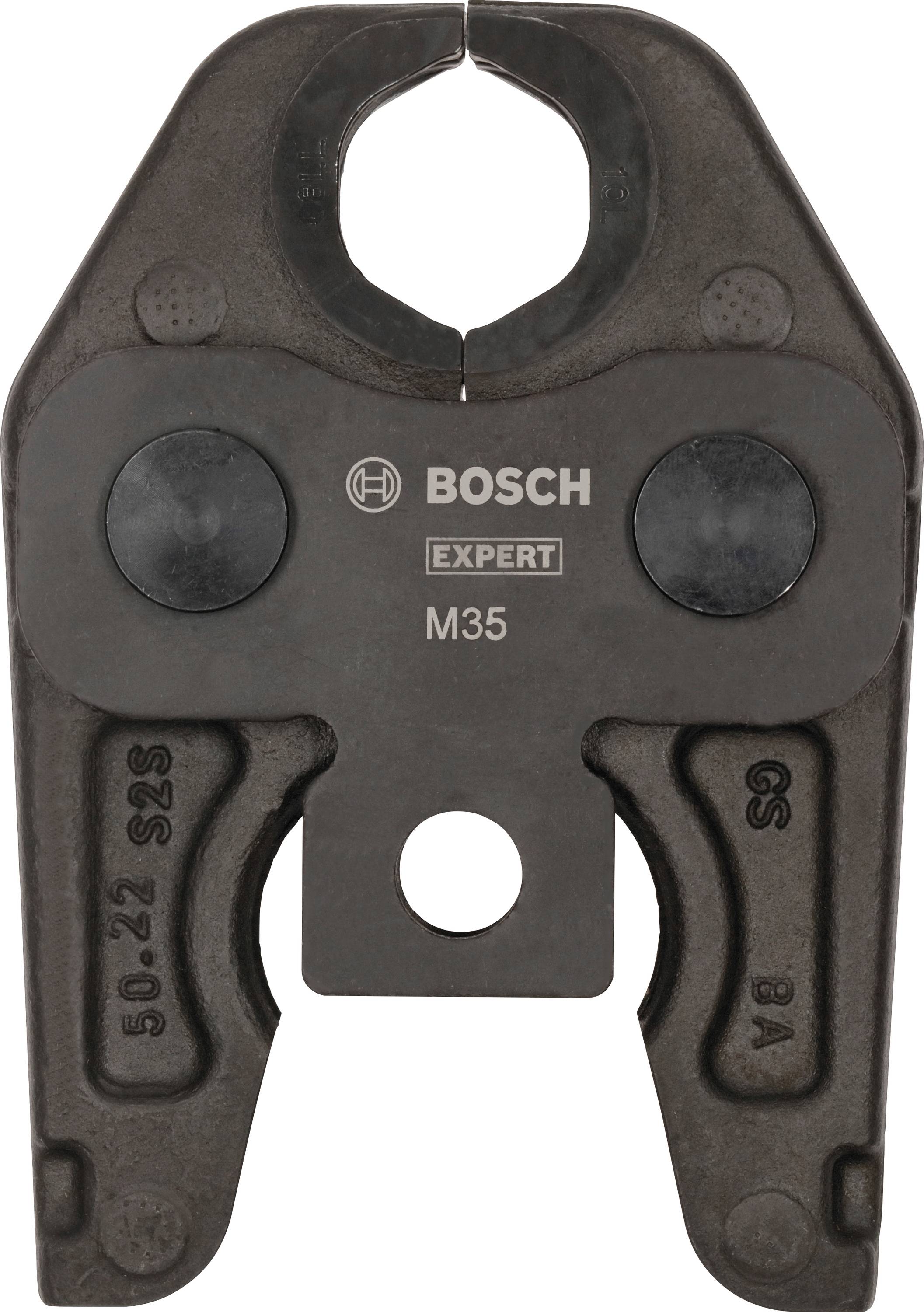 Kliešte na zalisovanie s nápisom 'Bosch Expert M35', vhodné pre spájanie rúrok. Obdĺžnikový tvar s dvoma čiernymi kruhovými bodkami.