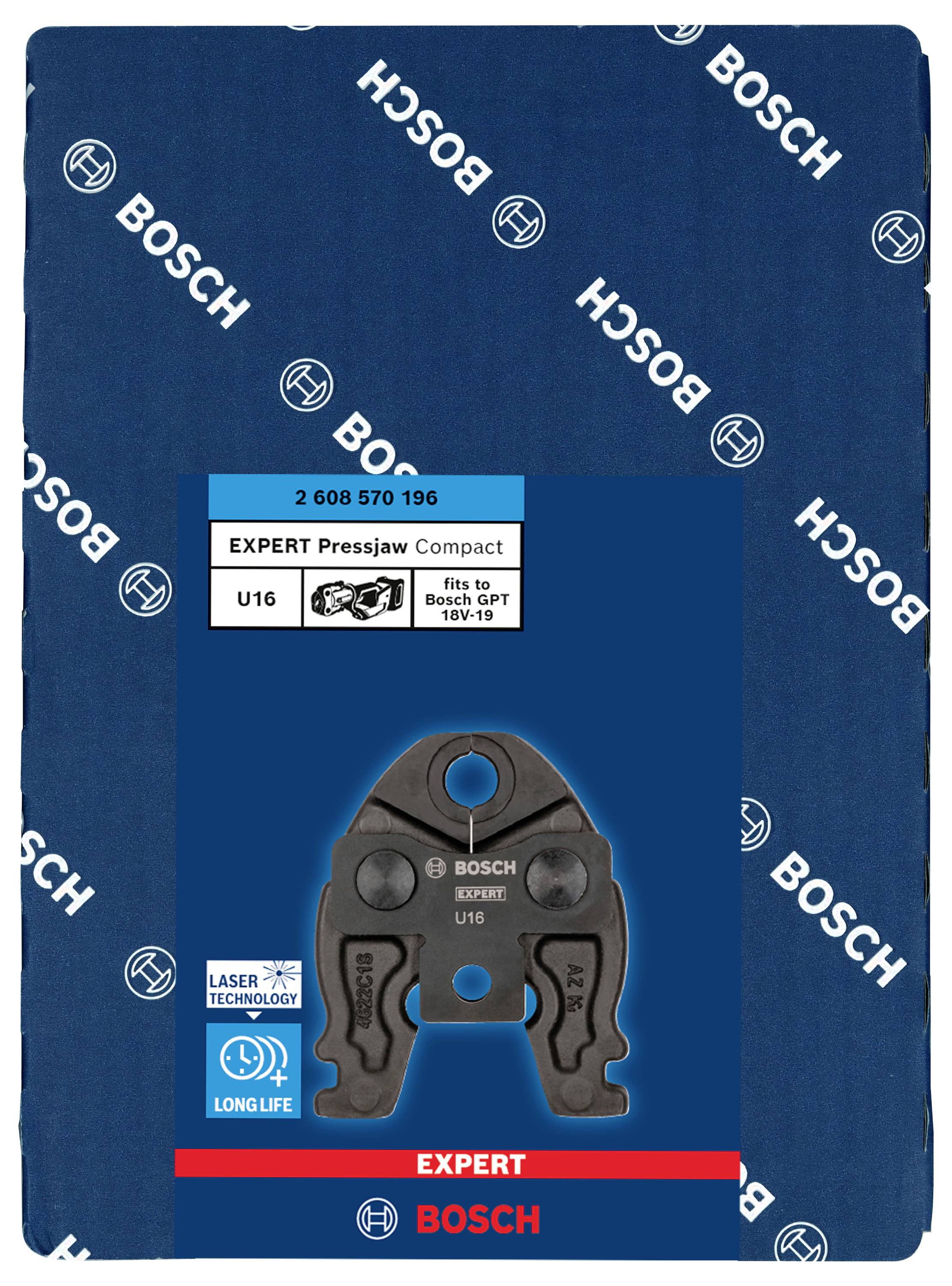 Lisovacia kliešte Bosch Expert U16 pre rúry 16-19 mm s laserovou technológiou, dlhou životnosťou. Balenie v modrej farbe s logom Bosch.
