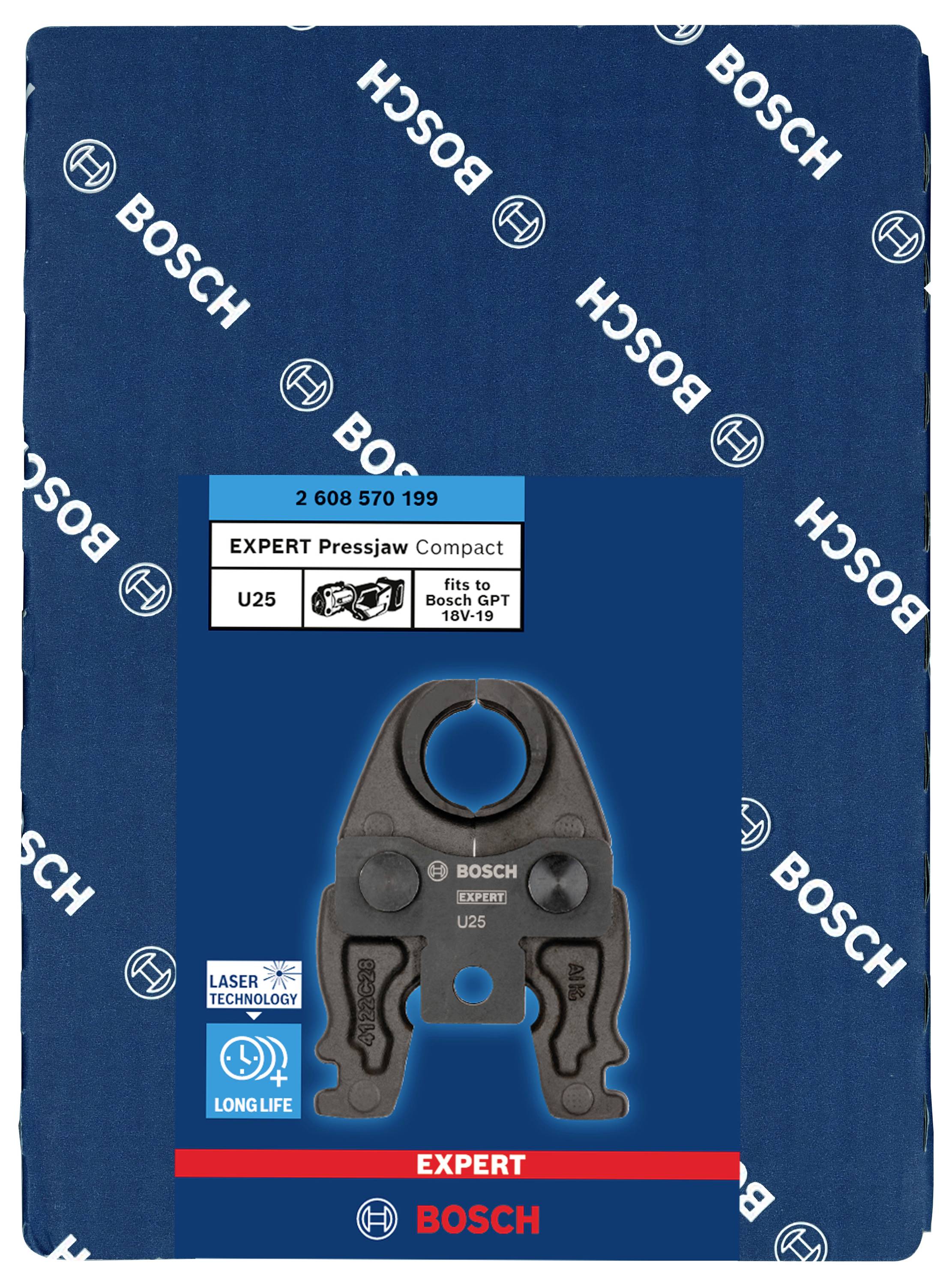 'Bosch Expert Pressjaw Compact U25' v modrom balení s laserovou technológiou a symbolom dlhej životnosti. Vhodné pre nástroje 10V-19V.