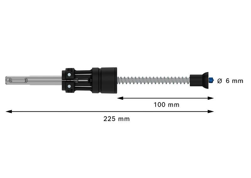 'Znázornenie rozpínanej hmoždinky s celkovou dĺžkou 225 mm a priemerom 6 mm. Dva šípky ukazujú rozmery.'