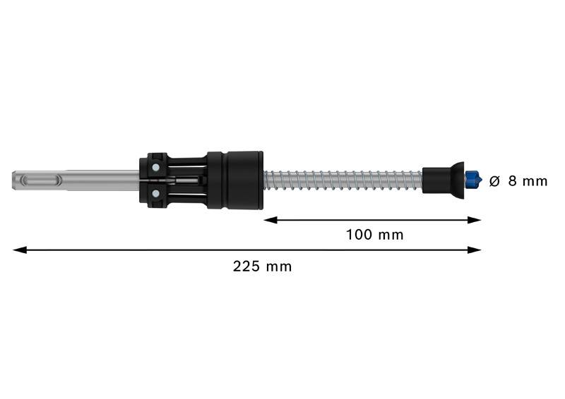 Teleskopická tyč s nastaviteľnou dĺžkou, dĺžka 225 mm, priemer 8 mm, s vyznačením pri 100 mm. Vhodná pre presné merania dĺžky.
