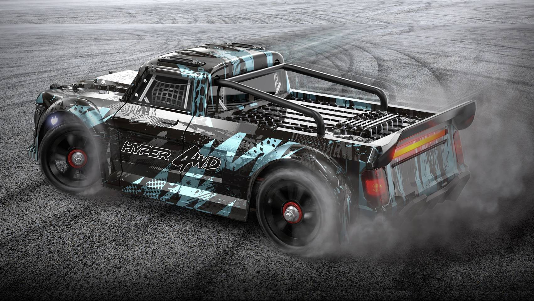 Hračkárske auto v drifte, grafický dizajn s textom 'HYPER 4WD', dymiace pneumatiky na asfaltovej ceste so stopami driftu v pozadí.