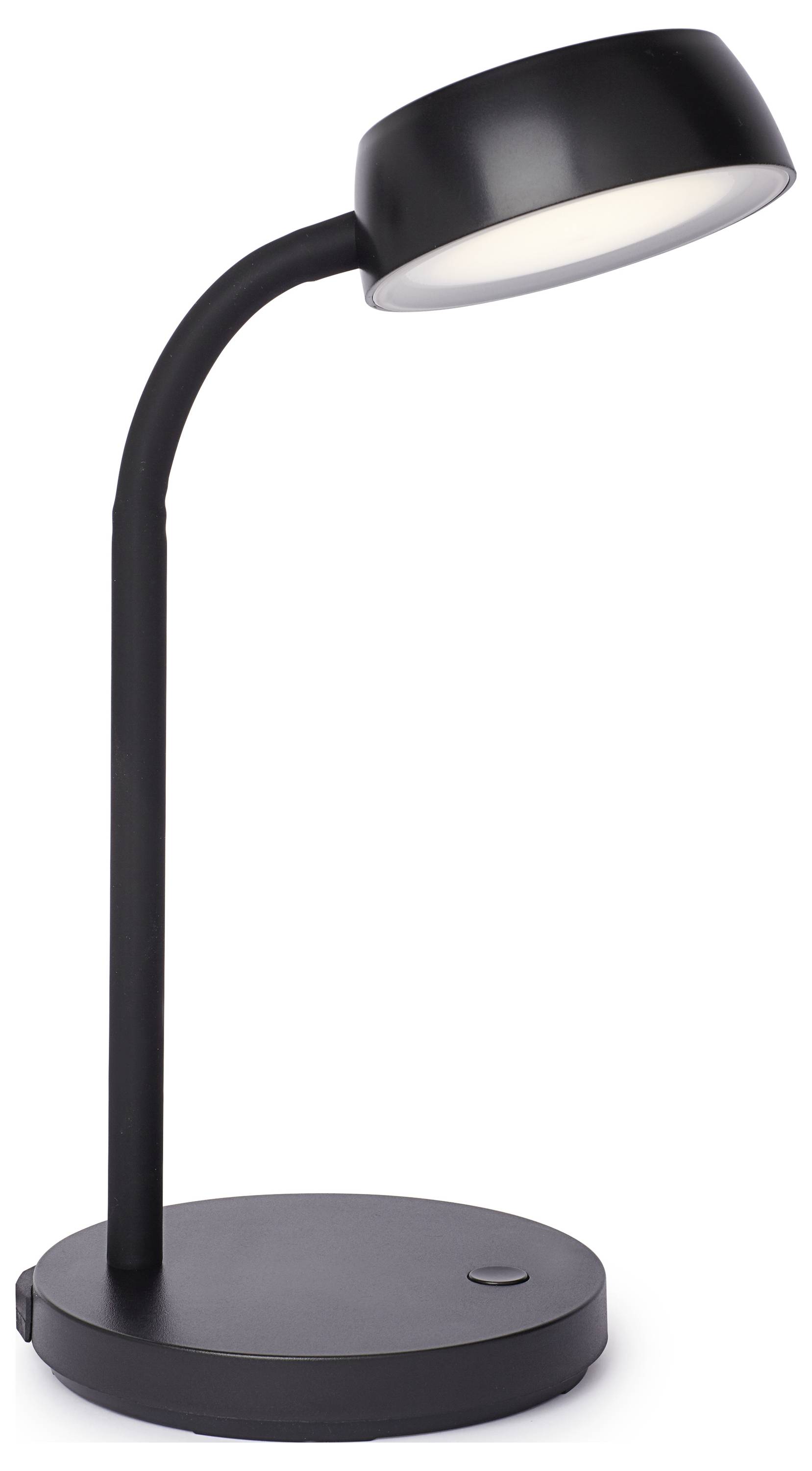 Čierna, moderná stolná lampa s okrúhlym, nastaviteľným tienidlom a plochým podstavcom. Vhodná na písacie stoly alebo nočné stolíky.