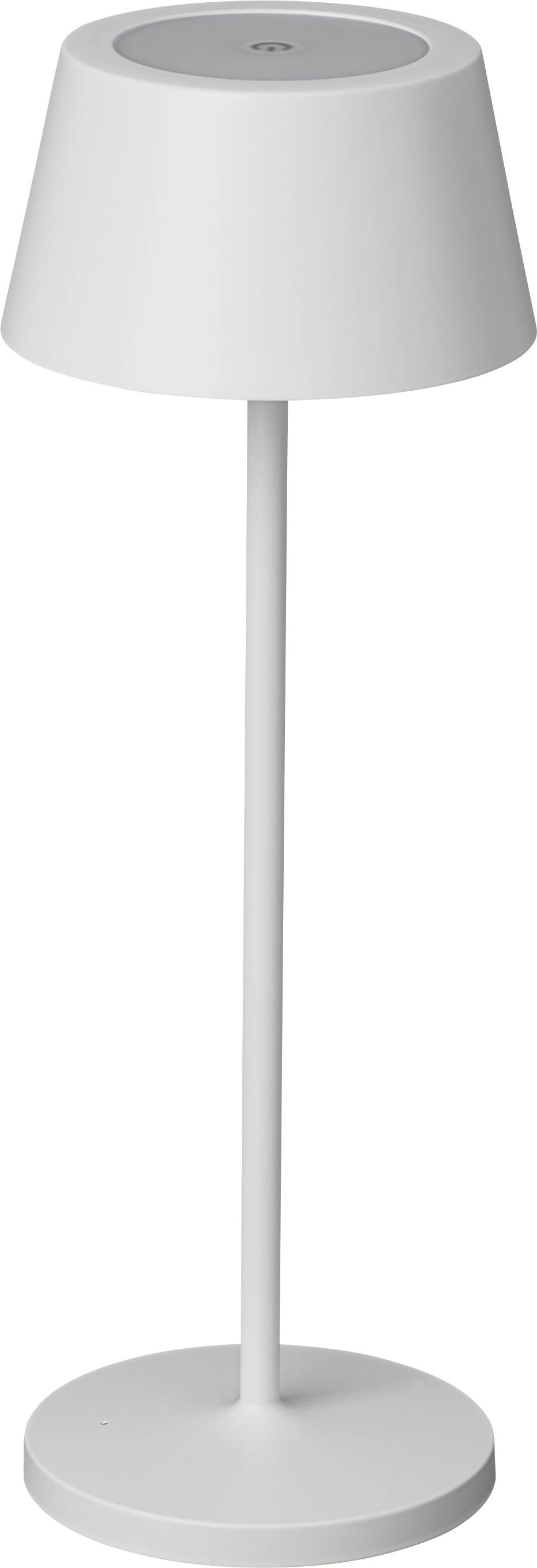 Biela stojacia lampa s jednoduchou, valcovitou formou a guľatou svetelnou hlavicou. Moderný, minimalistický štýl.