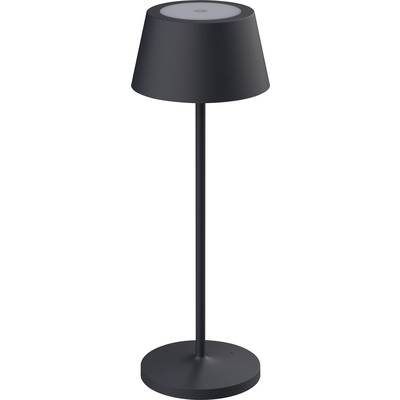 Čierna, moderná stolná lampa s kónickým tienidlom a okrúhlou základňou, vhodná pre minimalistický interiér obývacej izby alebo kancelárie.