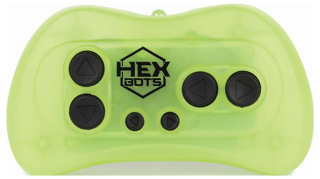 Zelený ovládač s čiernym logom 'Hex Bots' a šiestimi čiernymi tlačidlami.