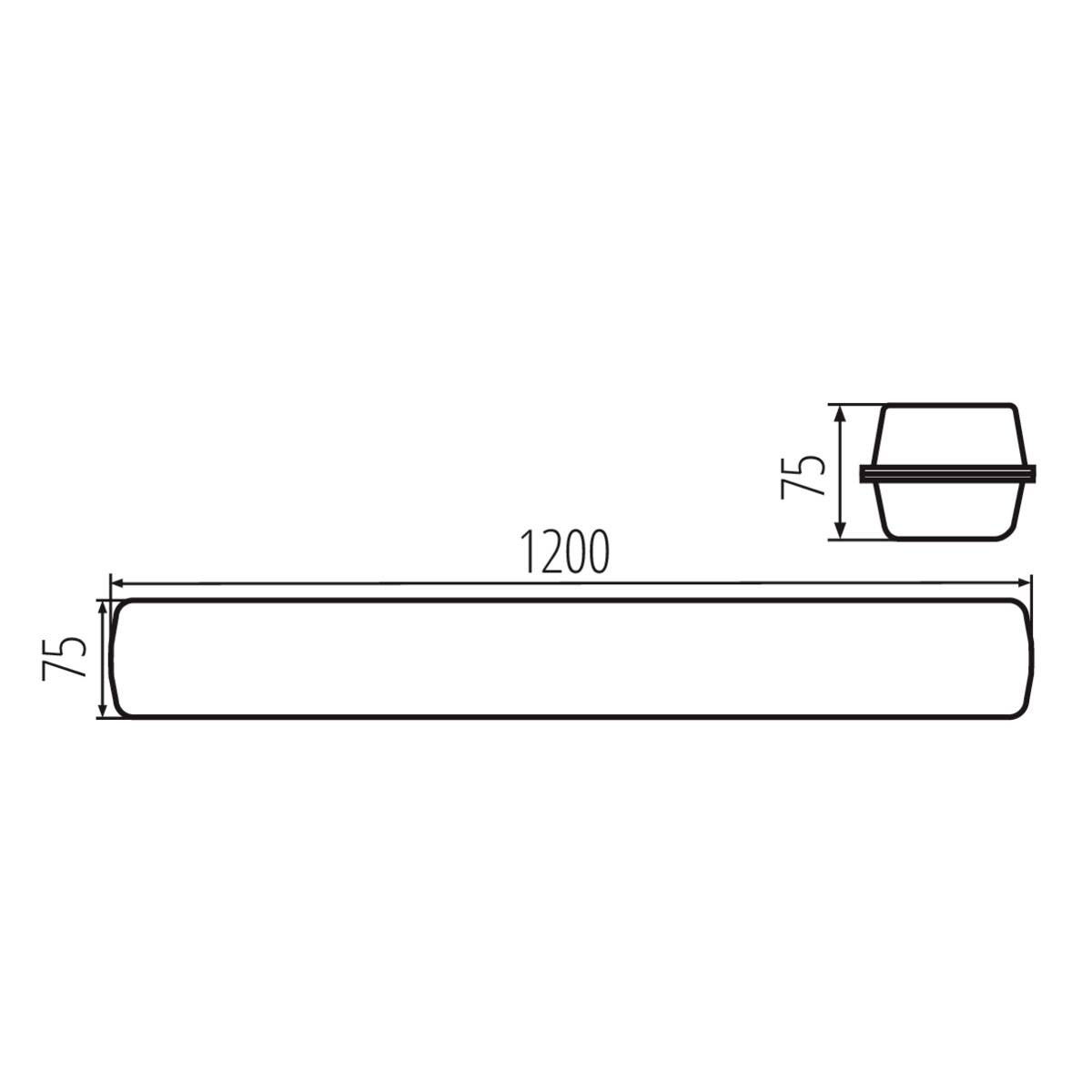 LED-svietidlo: dĺžka 1200 mm, šírka 75 mm, výška 75 mm. Znázornený pohľad z bočnej a prednej strany.