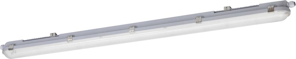 Podlhovastá LED lampa v ochrannom, priehľadnom kryte, vhodná pre priemyselné alebo komerčné použitie.